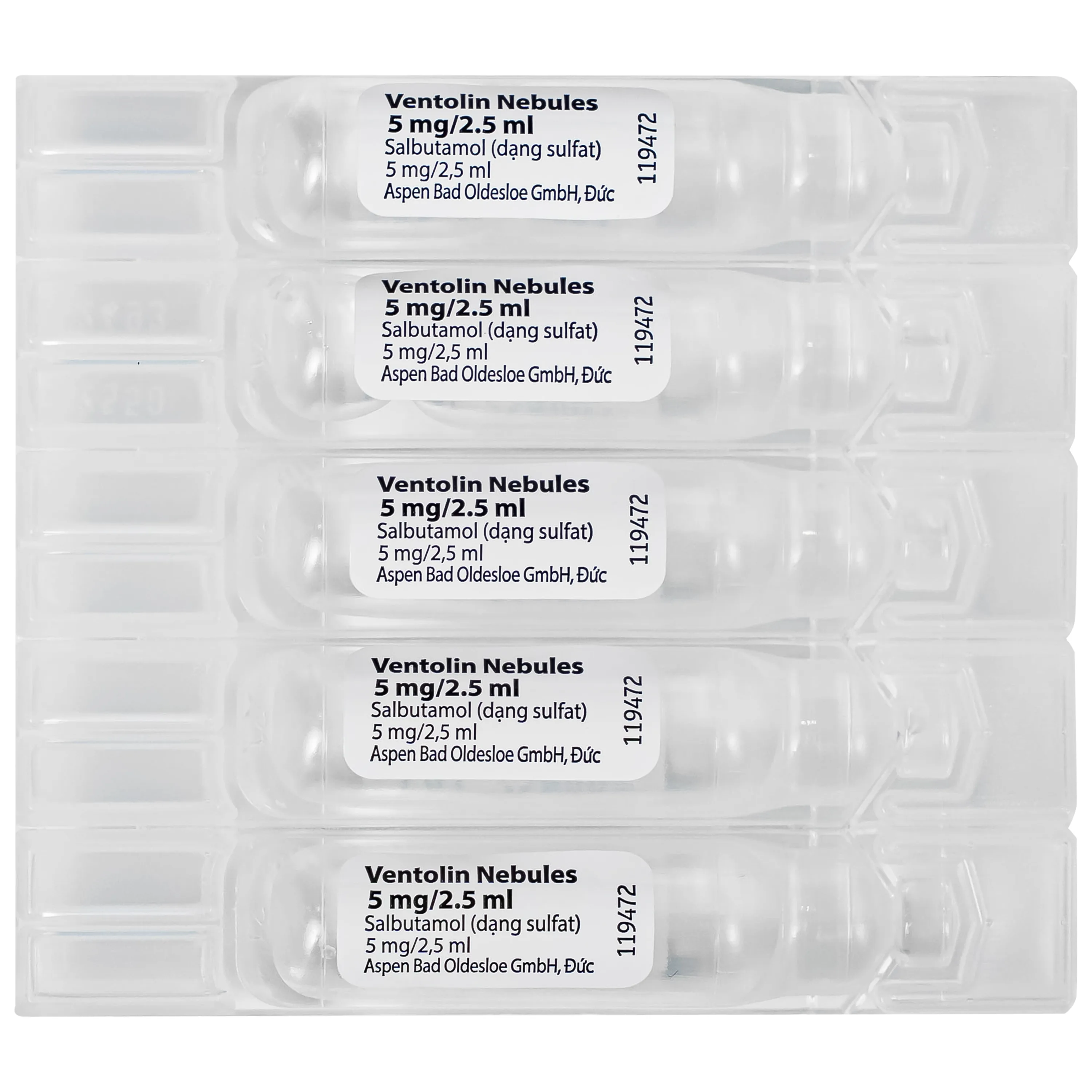 Hình ảnh Dung dịch khí dung Ventolin Nebules 5mg GSK điều trị hoặc ngăn ngừa co thắt phế quản (4 vỉ x 5 ống)