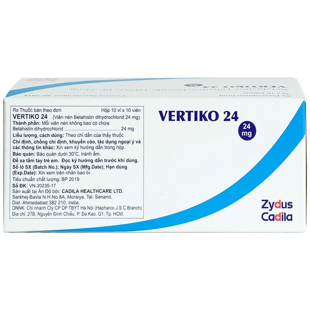 Hình ảnh Thuốc Vertiko 24 Cadila điều trị chóng mặt, suy giảm thính giác (10 vỉ x 10 viên)