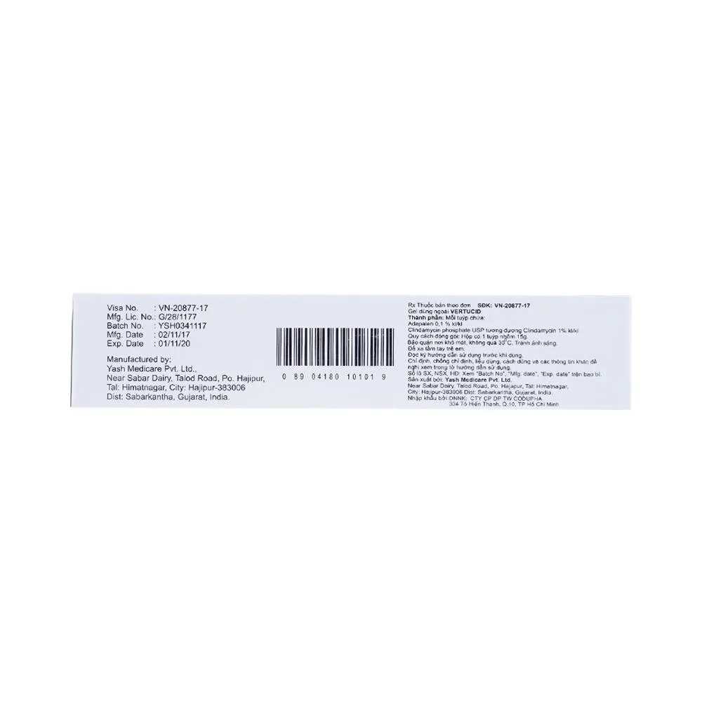 Hình ảnh Gel Vertucid Yash Medicare điều trị mụn trứng cá nhẹ đến vừa (15g)