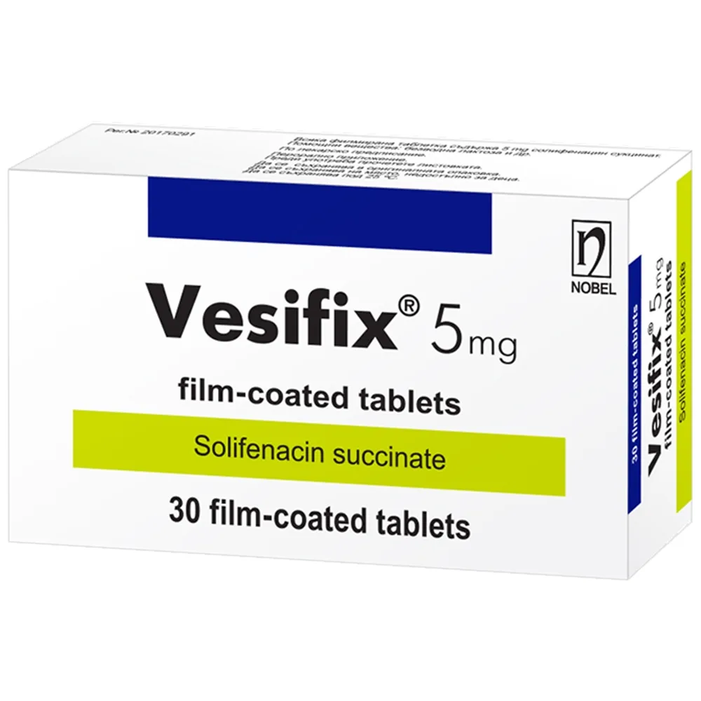 Hình ảnh Thuốc Vesifix 5mg Nobel điều trị chứng tiểu tiện không tự chủ, hội chứng bàng quan tăng hoạt động (3 vỉ x 10 viên)