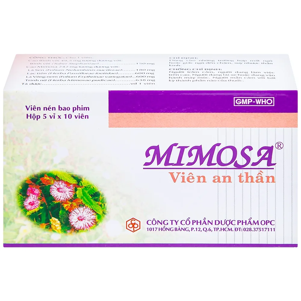 Hình ảnh Viên an thần Mimosa OPC dùng cho trường hợp mất ngủ, suy nhược thần kinh (5 vỉ x 10 viên)