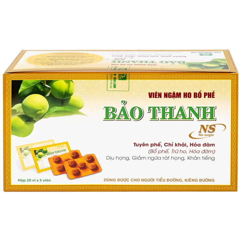 Hình ảnh Viên ngậm ho bổ phế Bảo Thanh không đường dùng giảm các chứng ho do cảm lạnh, nhiễm lạnh (20 vỉ x 5 viên)