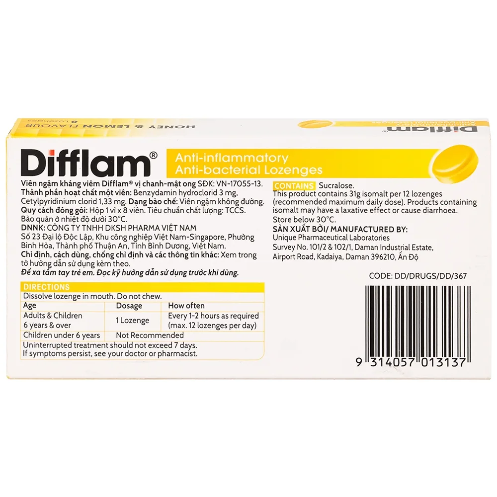 Hình ảnh Viên ngậm kháng viêm Difflam vị chanh Unique Pharma hỗ trợ điều trị viêm amidan, đau họng (1 vỉ x 8 viên)