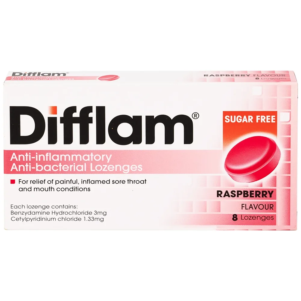 Hình ảnh Viên ngậm kháng viêm Difflam vị quả mâm xôi Unique Pharma hỗ trợ điều trị viêm amidan, đau họng (1 vỉ x 8 viên)