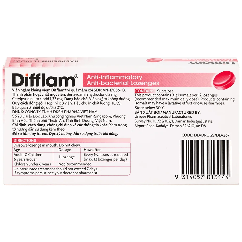 Hình ảnh Viên ngậm kháng viêm Difflam vị quả mâm xôi Unique Pharma hỗ trợ điều trị viêm amidan, đau họng (1 vỉ x 8 viên)