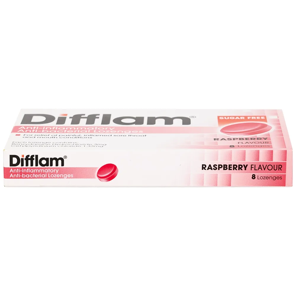 Hình ảnh Viên ngậm kháng viêm Difflam vị quả mâm xôi Unique Pharma hỗ trợ điều trị viêm amidan, đau họng (1 vỉ x 8 viên)