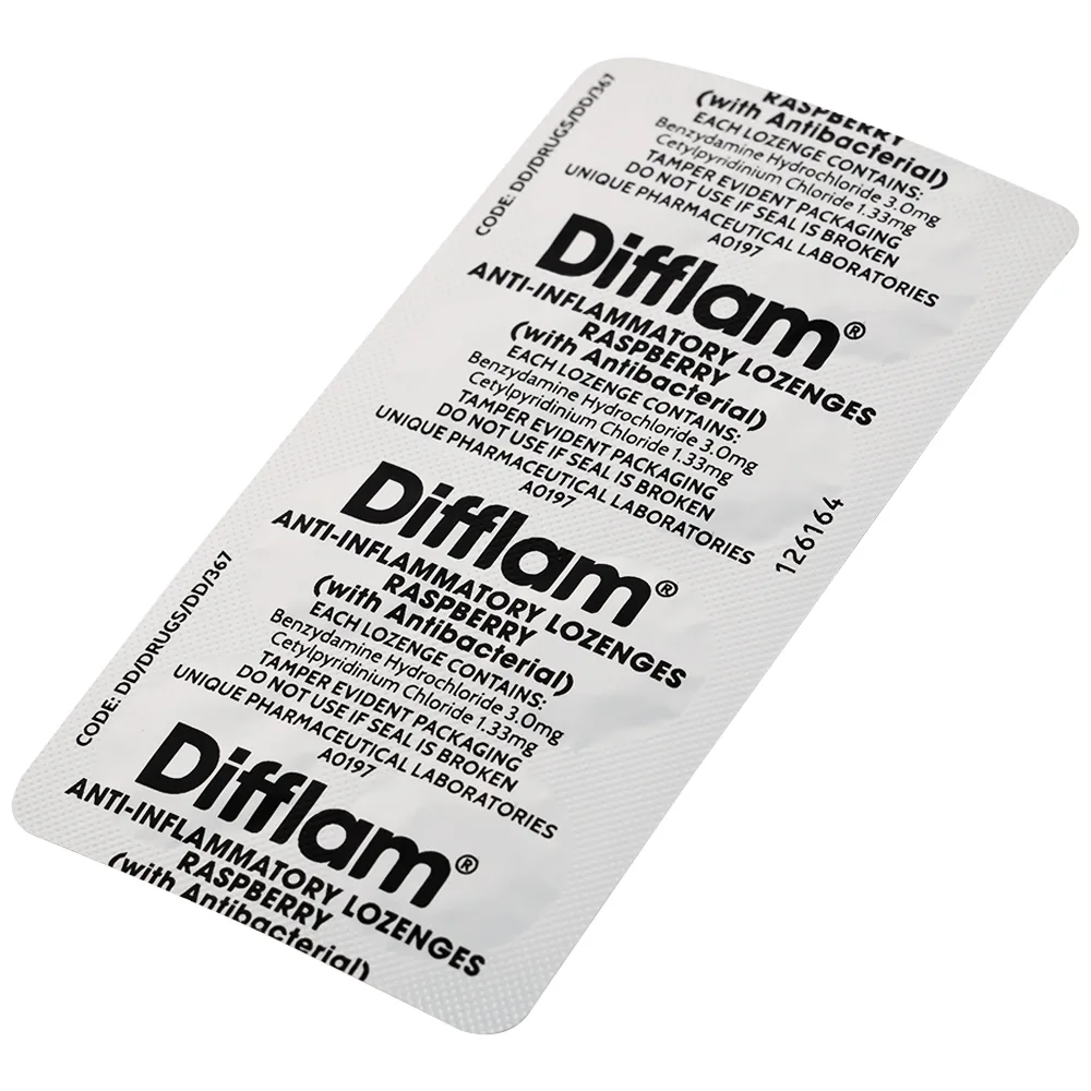 Hình ảnh Viên ngậm kháng viêm Difflam vị quả mâm xôi Unique Pharma hỗ trợ điều trị viêm amidan, đau họng (1 vỉ x 8 viên)