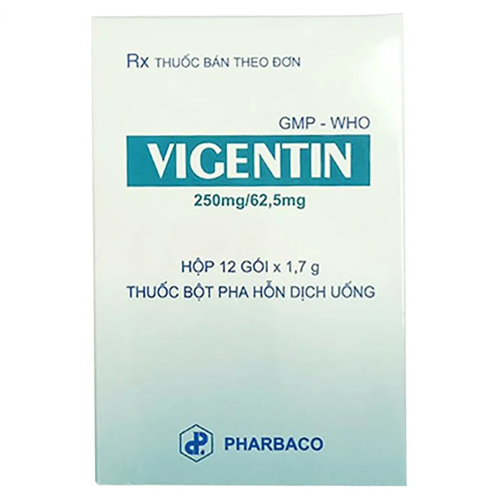 Hình ảnh Thuốc Vigentin 250mg/62.5mg Pharbaco điều trị nhiễm khuẩn ở đường hô hấp trên và dưới (12 gói)