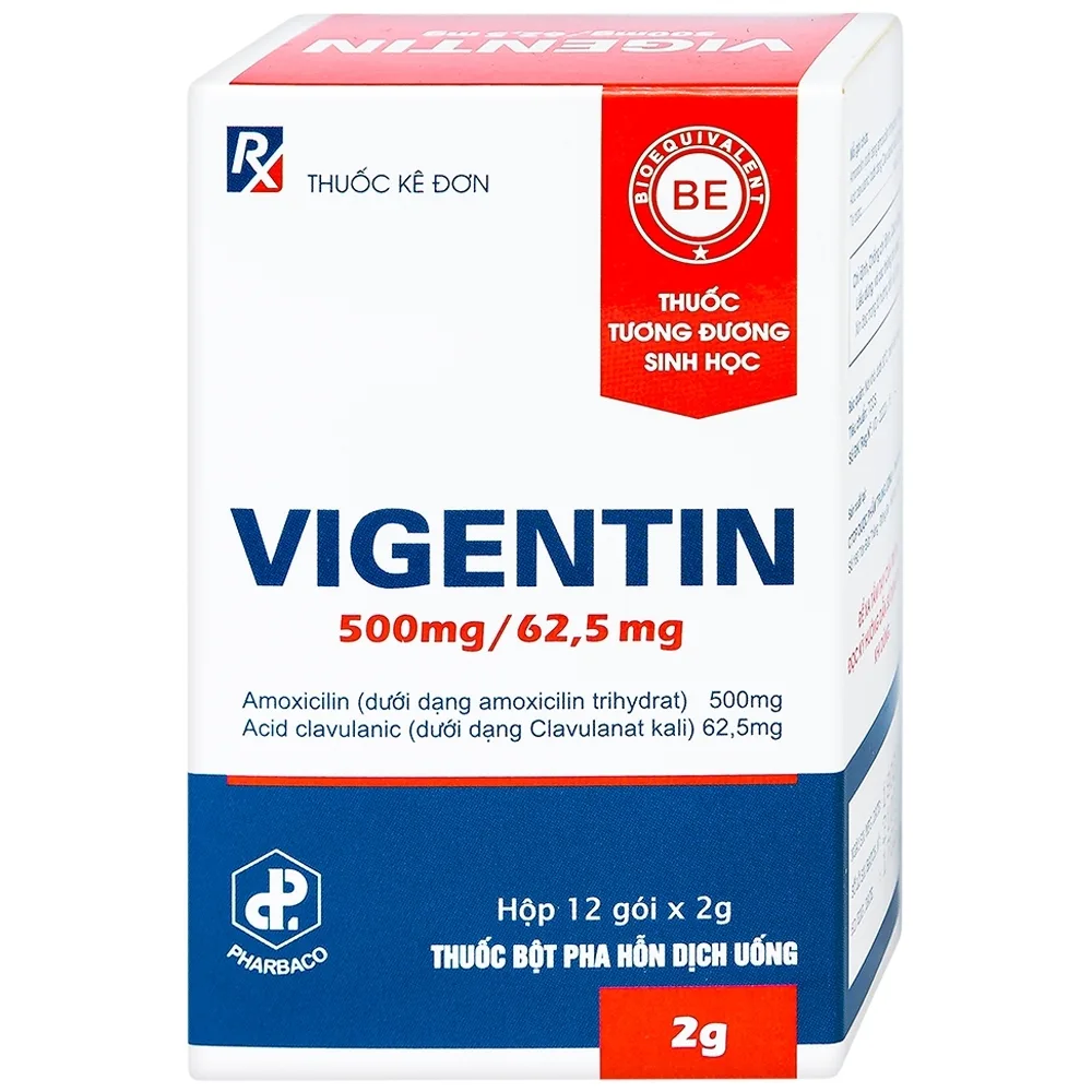Hình ảnh Thuốc bột pha hỗn dịch uống Vigentin 500mg/62,5mg Pharbaco điều trị các chứng nhiễm khuẩn (12 gói x 2g)