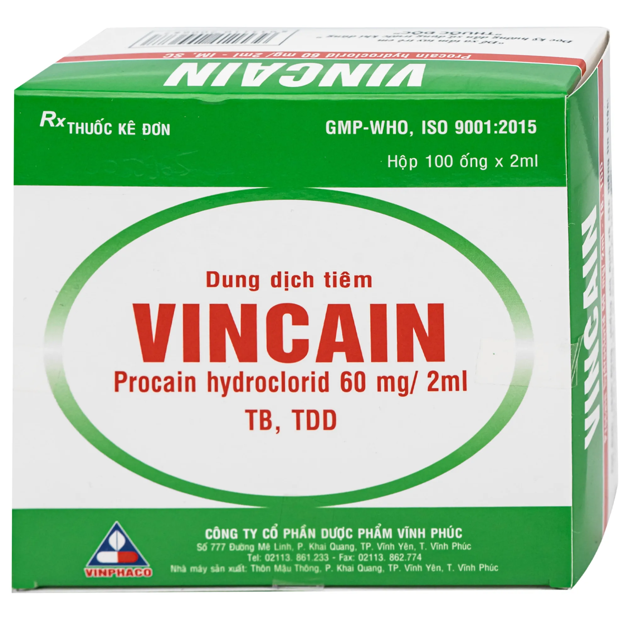Hình ảnh Dung dịch tiêm Vincain 60mg Vinphaco gây tê tại chỗ, gây tê cột sống (100 ống x 2ml)