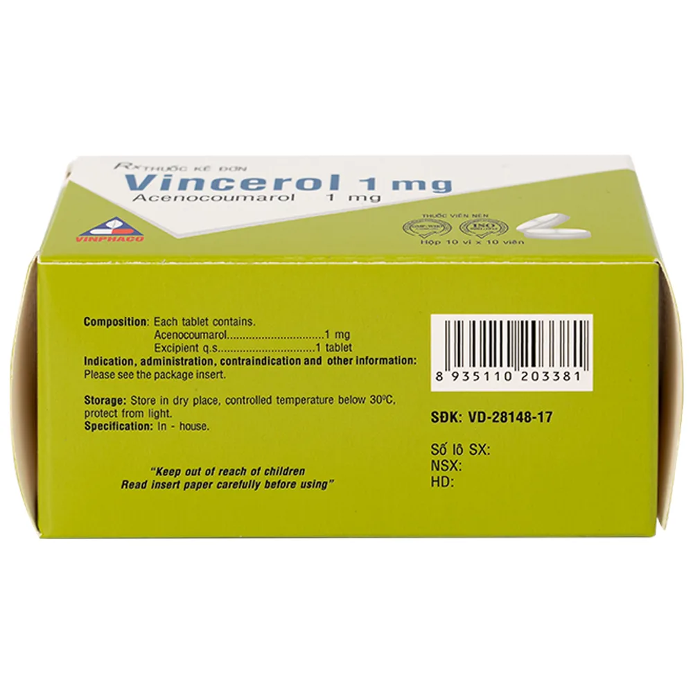 Hình ảnh Thuốc Vincerol 1mg Vinphaco dùng trong bệnh tim gây tắc mạch, nhồi máu cơ tim (10 vỉ x 10 viên)