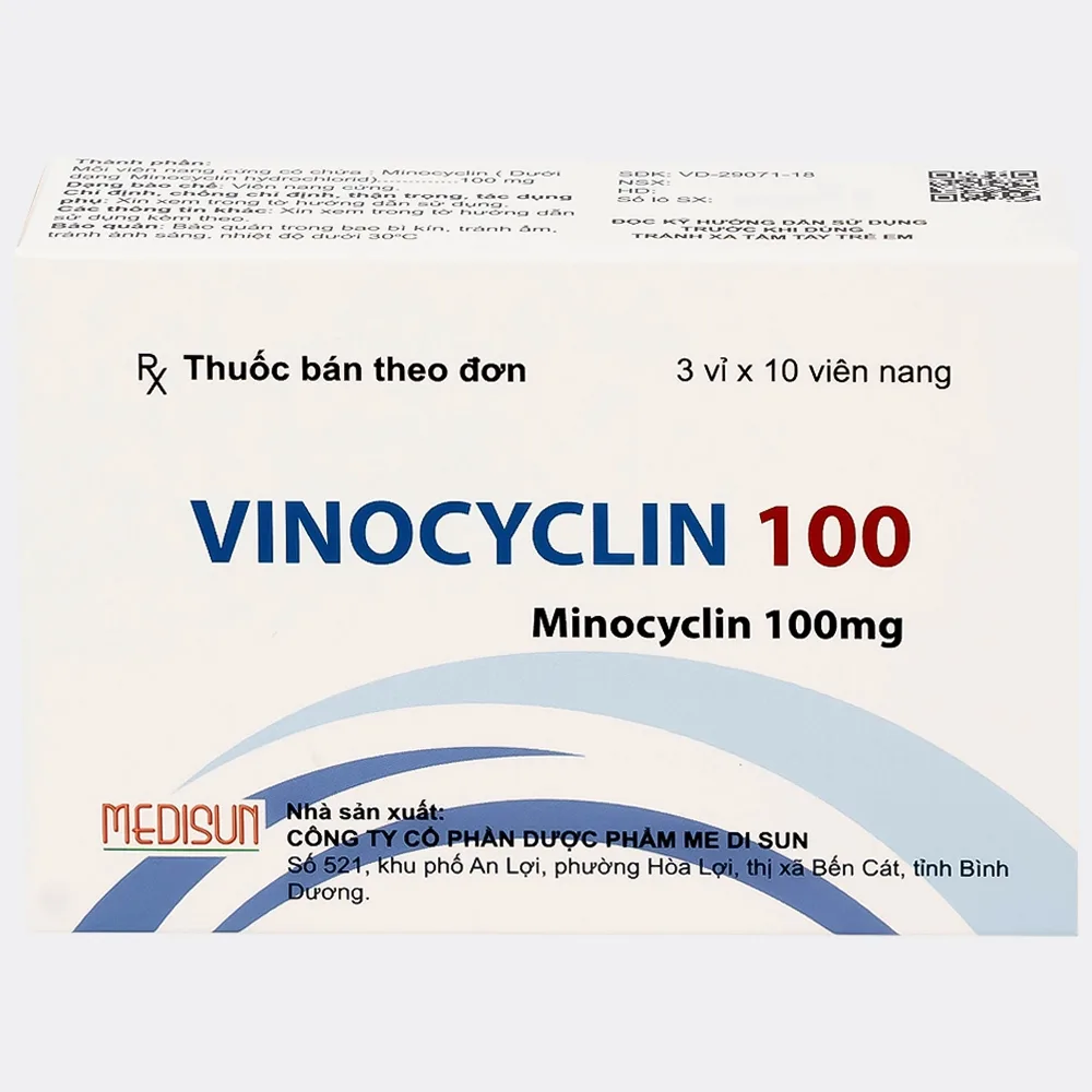 Hình ảnh Thuốc Vinocyclin 100 Medisun điều trị mụn trứng cá, nhiễm trùng đường hô hấp (3 vỉ x 10 viên)