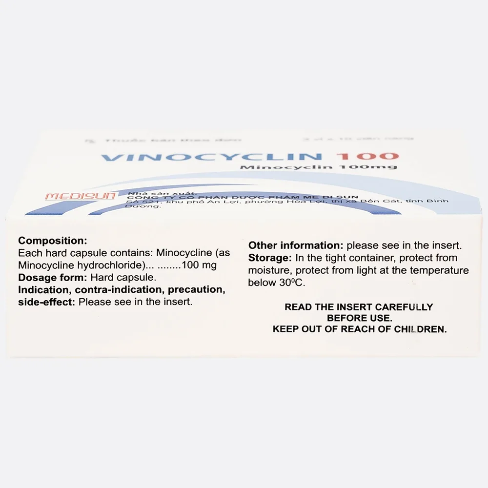 Hình ảnh Thuốc Vinocyclin 100 Medisun điều trị mụn trứng cá, nhiễm trùng đường hô hấp (3 vỉ x 10 viên)
