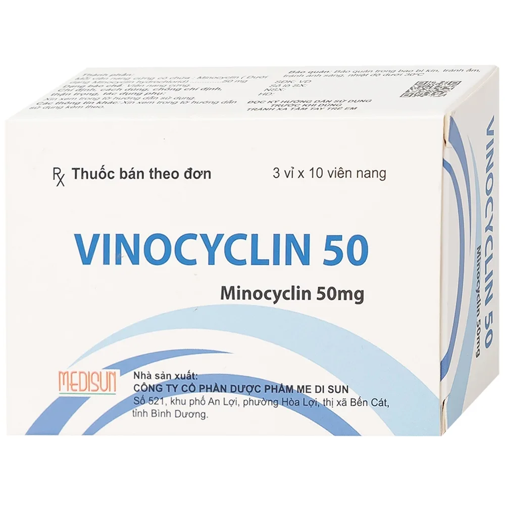 Hình ảnh Thuốc Vinocyclin 50 Medisun điều trị mụn trứng cá, nhiễm trùng đường hô hấp (3 vỉ x 10 viên)