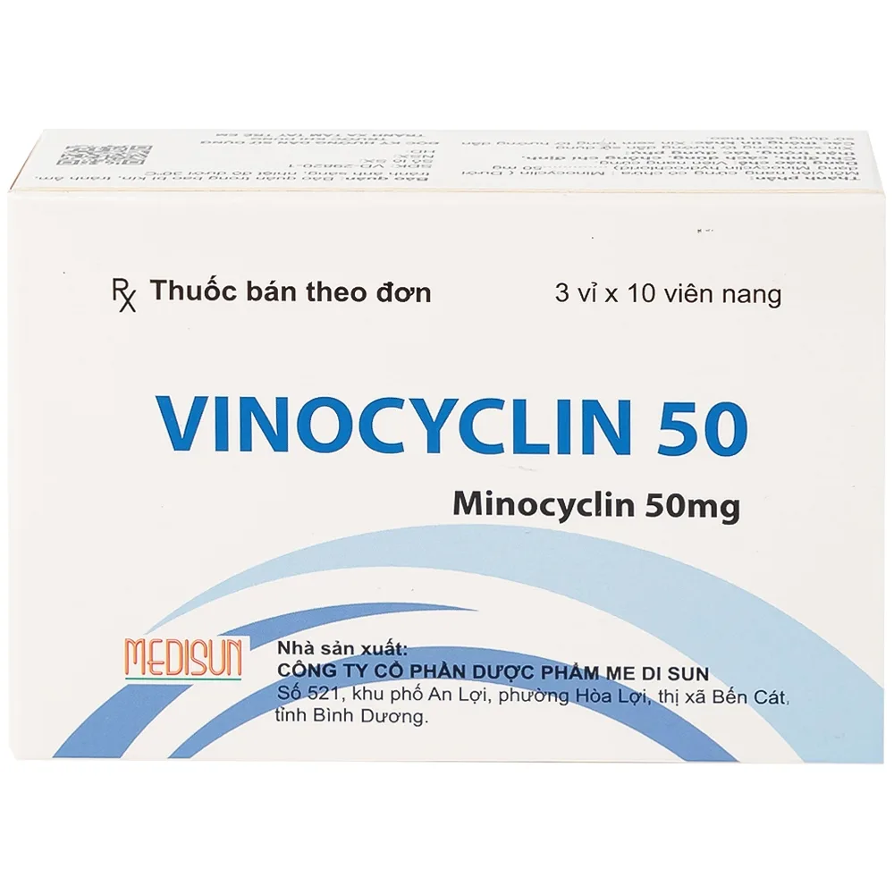 Hình ảnh Thuốc Vinocyclin 50 Medisun điều trị mụn trứng cá, nhiễm trùng đường hô hấp (3 vỉ x 10 viên)