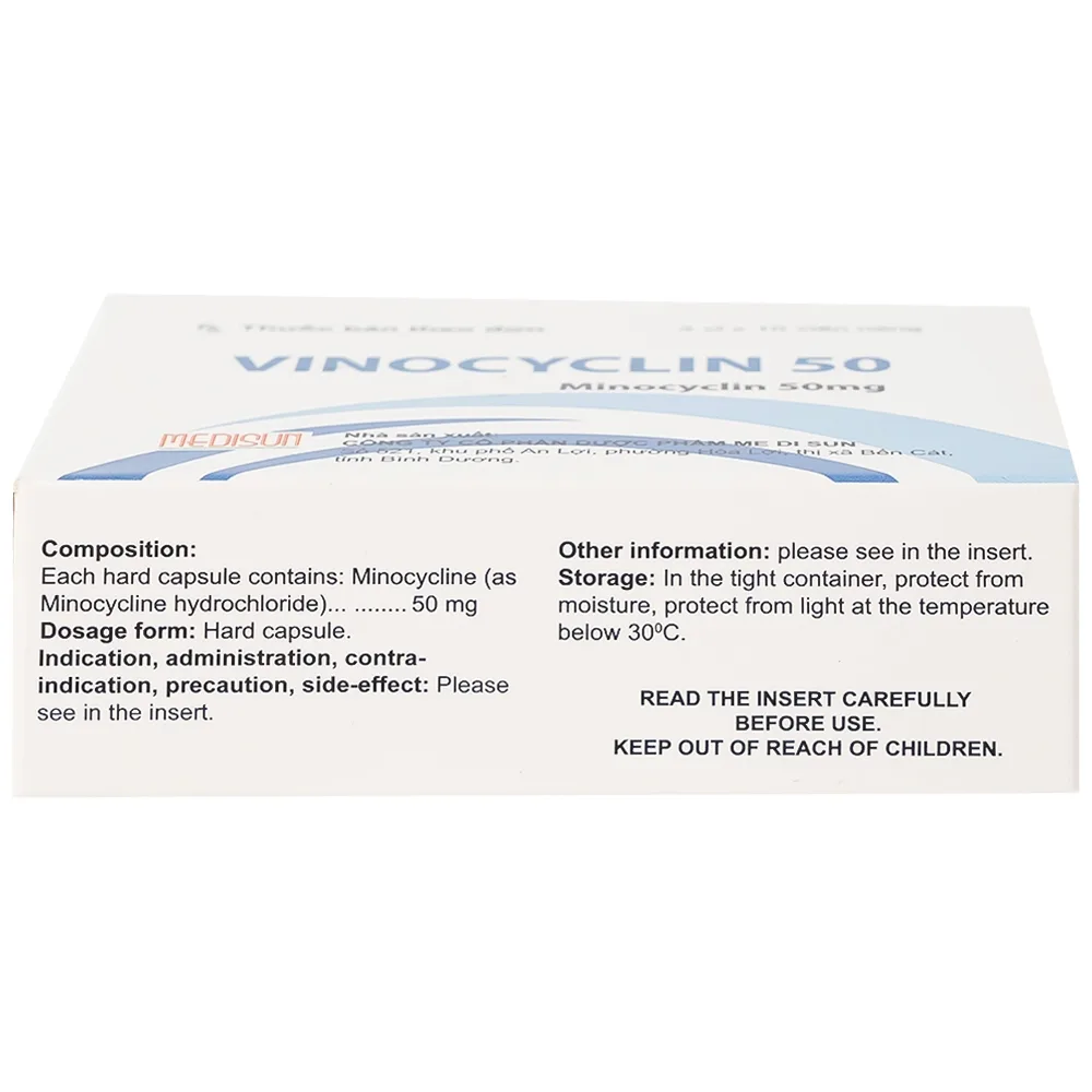 Hình ảnh Thuốc Vinocyclin 50 Medisun điều trị mụn trứng cá, nhiễm trùng đường hô hấp (3 vỉ x 10 viên)