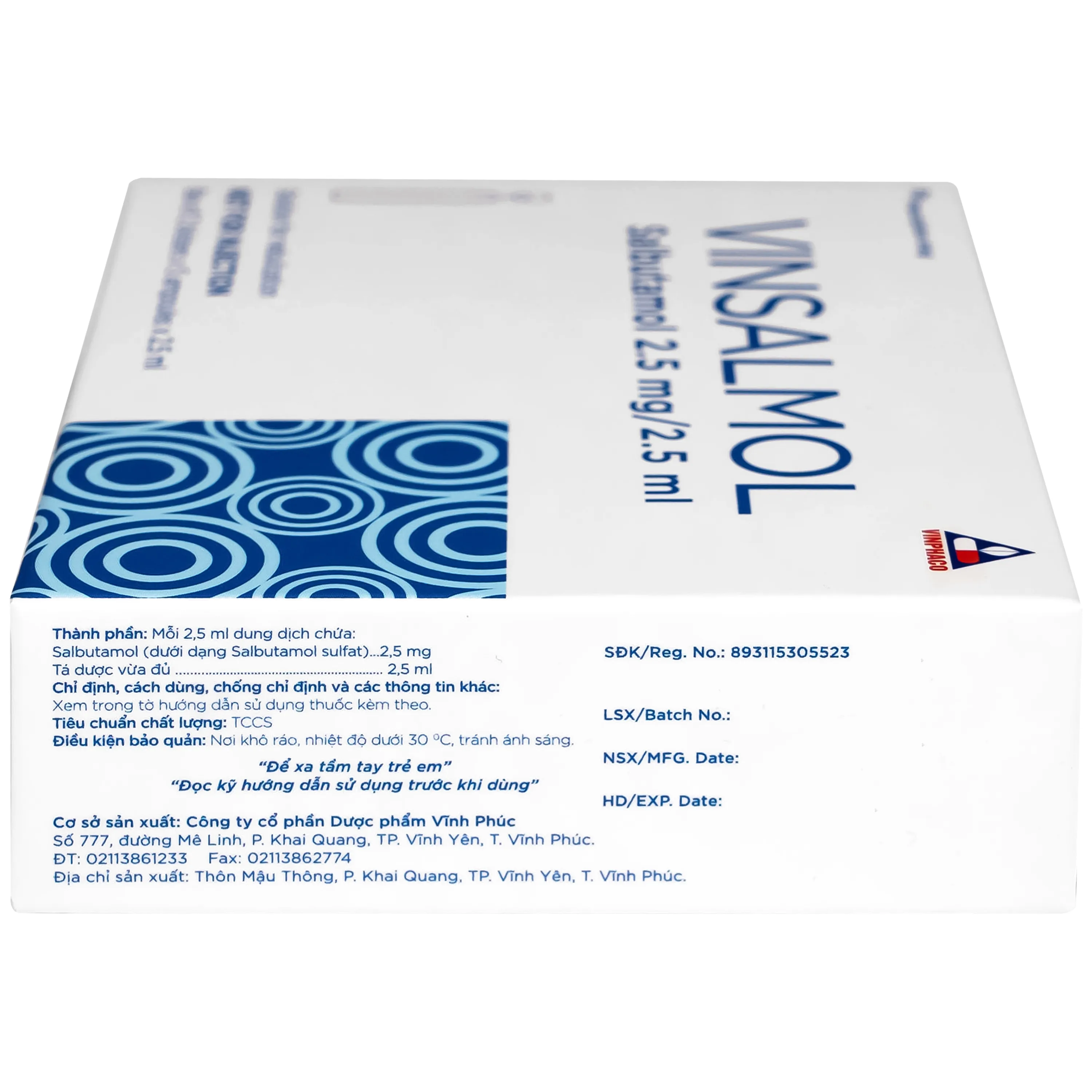Hình ảnh Thuốc Vinsalmol 2.5mg/2.5ml Vinphaco hỗ trợ kiểm soát co thắt phế quản mạn, hen ác tính (2 vỉ x 5 ống)