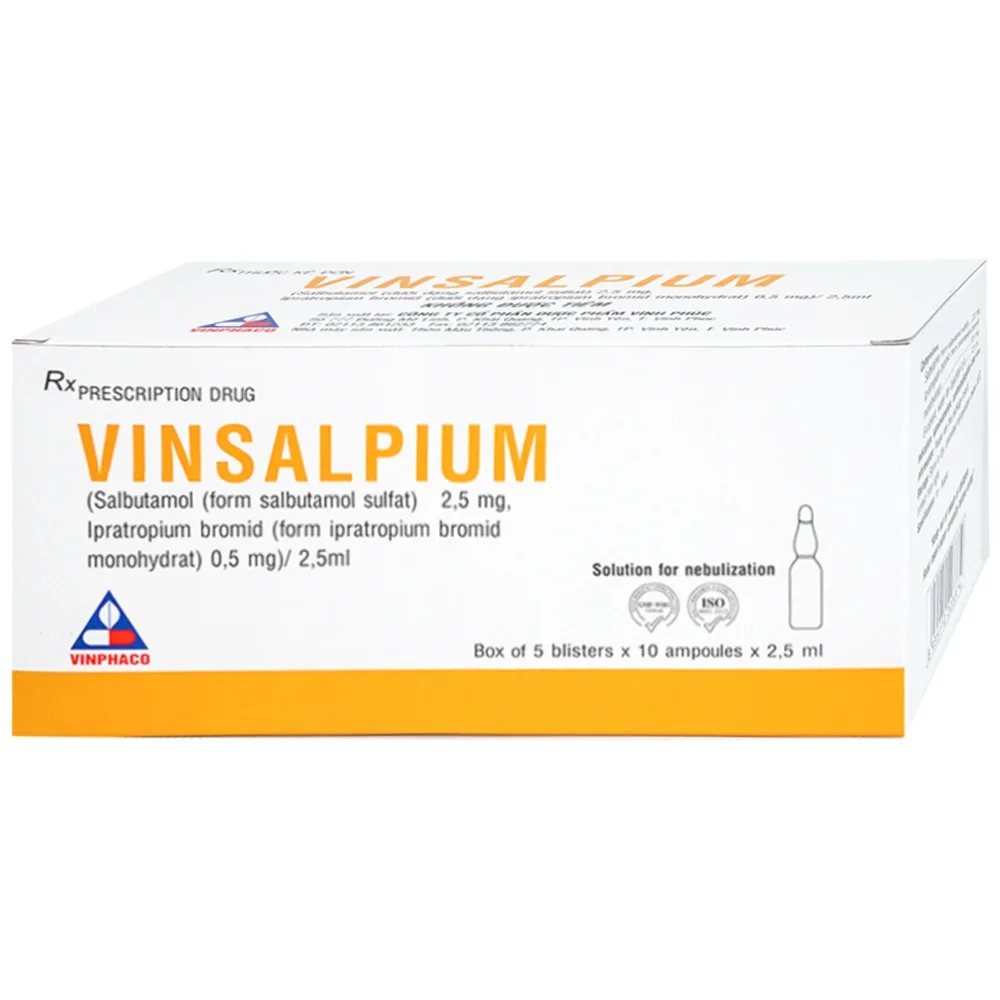 Hình ảnh Thuốc Vinsalpium 2.5mg Vinphaco điều trị co thắt phế quản có hồi phục liên quan đến bệnh tắc nghẽn đường thở (5 vỉ x 10 ống)