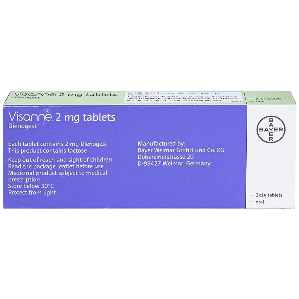 Hình ảnh Thuốc Visanne 2mg Bayer hỗ trợ điều trị lạc nội mạc tử cung (2 vỉ x 14 viên)