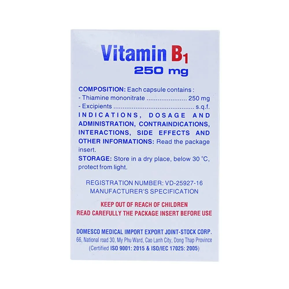 Hình ảnh Thuốc Vitamin B1 250mg Domesco điều trị bệnh do thiếu Vitamin B1 (20 vỉ x 10 viên)