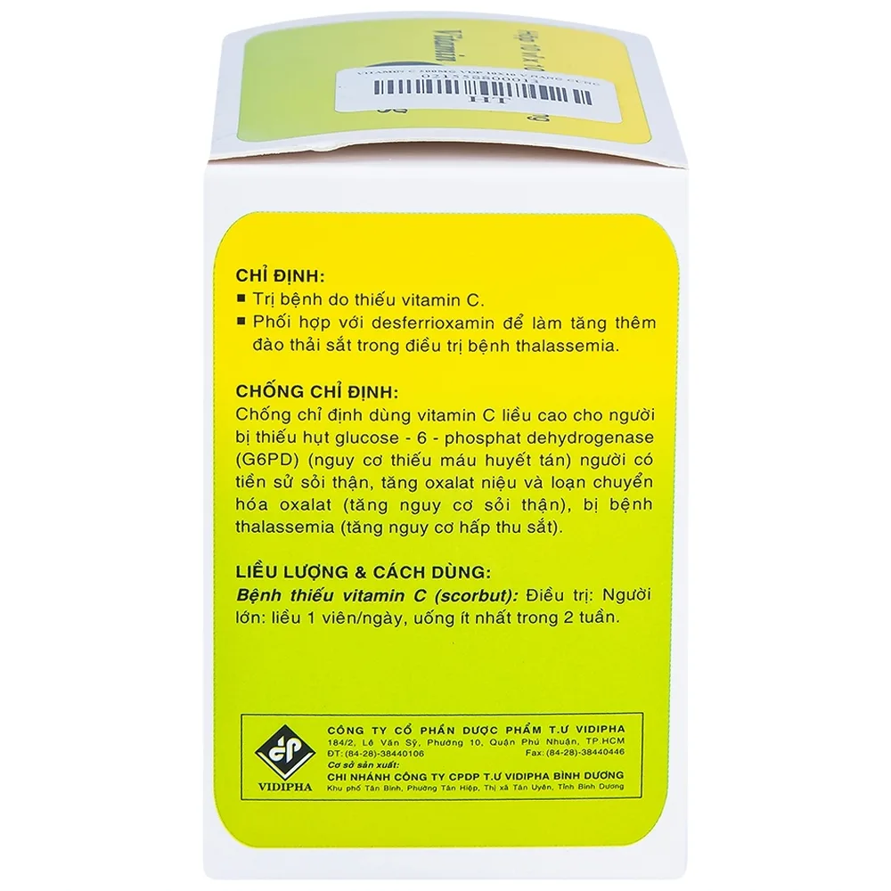 Hình ảnh Thuốc Vitamin C 500mg Vidipha hỗ trợ điều trị bệnh Thalassemia (10 vỉ x 10 viên)