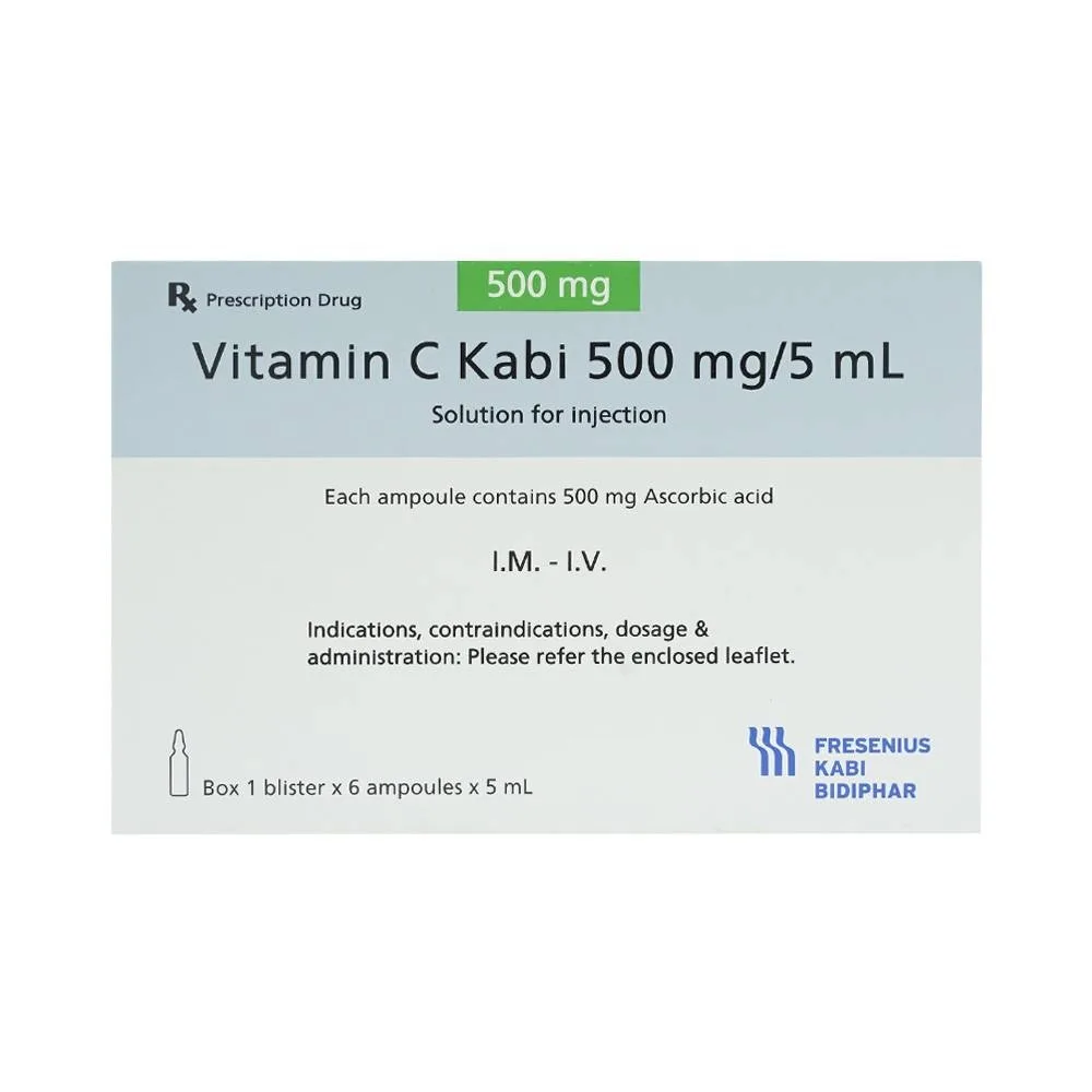 Hình ảnh Thuốc tiêm Vitamin C Kabi 500mg/5ml phòng và điều trị bệnh Scorbut (1 vỉ x 6 ống )