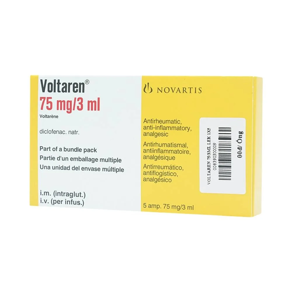 Hình ảnh Thuốc tiêm Voltaren 75mg/3ml Novartis điều trị đợt cấp viêm và thoái hóa thấp khớp (1 vỉ x 5 ống x 3ml)