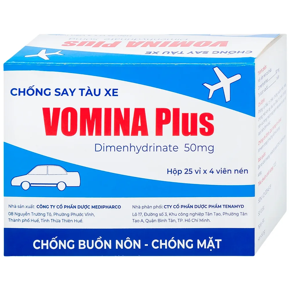 Hình ảnh Thuốc Vomina Plus 50mg Medipharco phòng và điều trị triệu chứng buồn nôn, chóng mặt khi say tàu xe (25 vỉ x 4 viên)