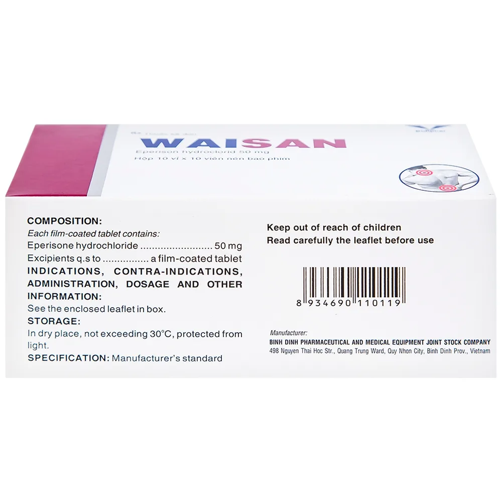 Hình ảnh Thuốc Waisan 50mg Bidiphar cải thiện triệu chứng tăng trương lực cơ (10 vỉ x 10 viên) 