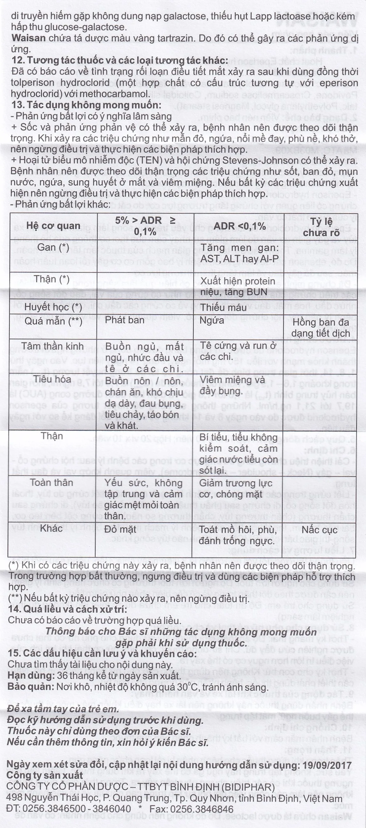 Hình ảnh Thuốc Waisan 50mg Bidiphar cải thiện triệu chứng tăng trương lực cơ (10 vỉ x 10 viên) 