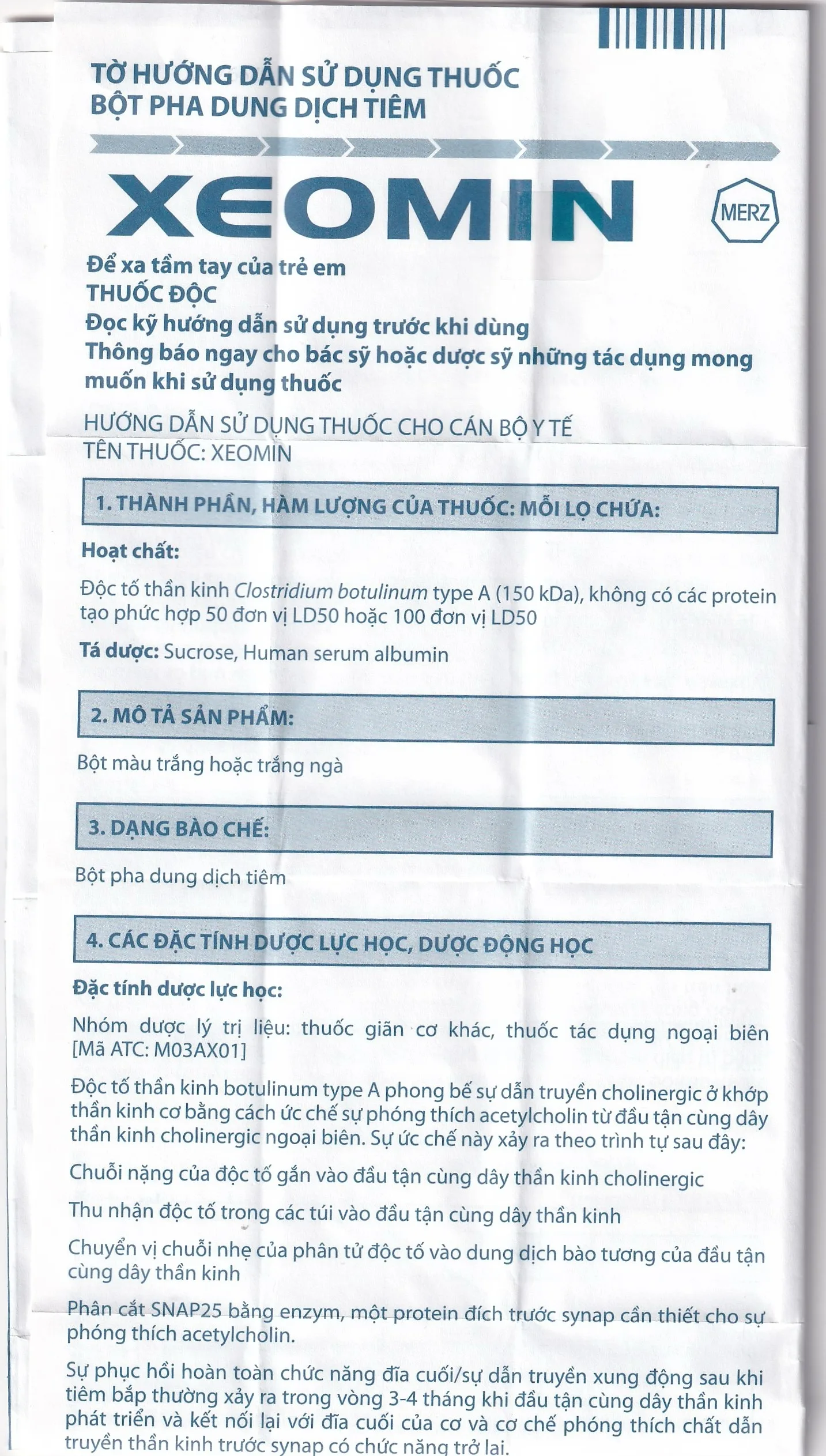 Hình ảnh Thuốc Xeomin 100 Units Merz điều trị loạn trương lực cơ cổ, co thắt mi, co cứng sau đột quỵ chi trên