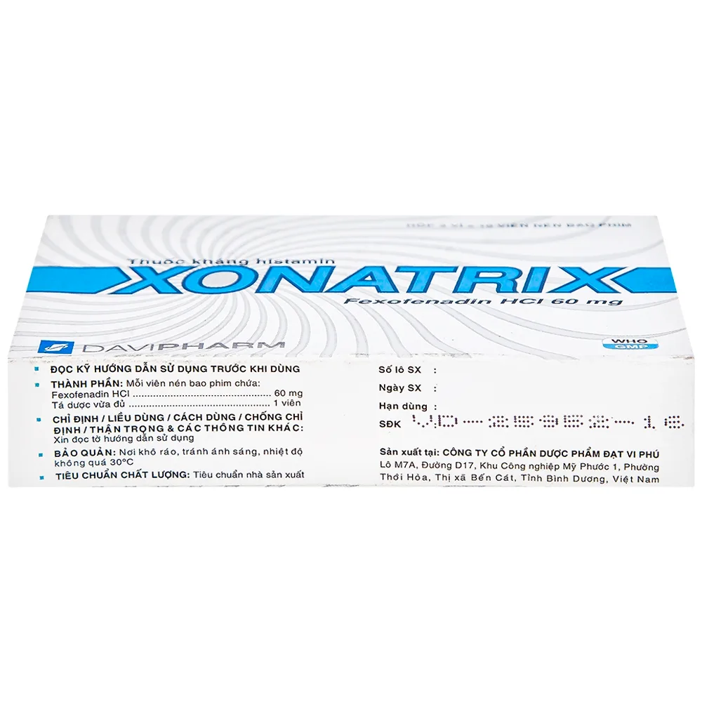 Hình ảnh Thuốc Xonatrix 60mg DaviPharm điều trị triệu chứng viêm mũi dị ứng theo mùa (3 vỉ x 10 viên) 