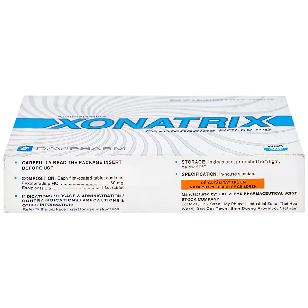 Hình ảnh Thuốc Xonatrix 60mg DaviPharm điều trị triệu chứng viêm mũi dị ứng theo mùa (3 vỉ x 10 viên) 
