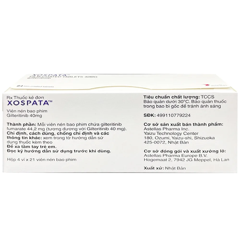 Hình ảnh Thuốc Xospata 40mg Astellas điều trị cho người lớn mắc bệnh bạch cầu tủy cấp tính (4 vỉ x 21 viên)