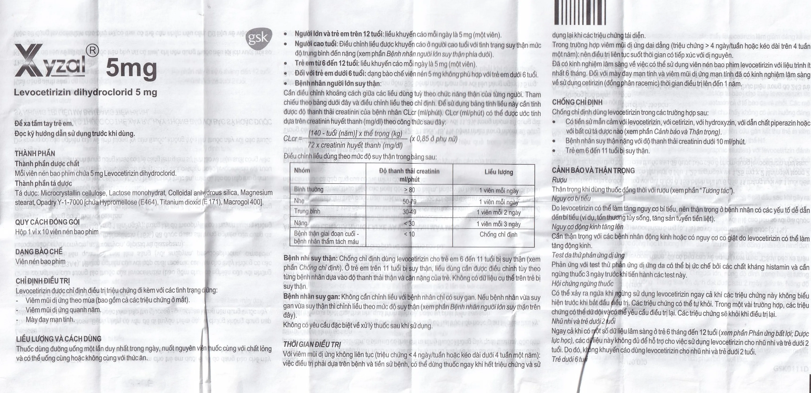 Hình ảnh Thuốc Xyzal 5mg GSK điều trị triệu chứng viêm mũi dị ứng theo mùa (1 vỉ x 10 viên) 