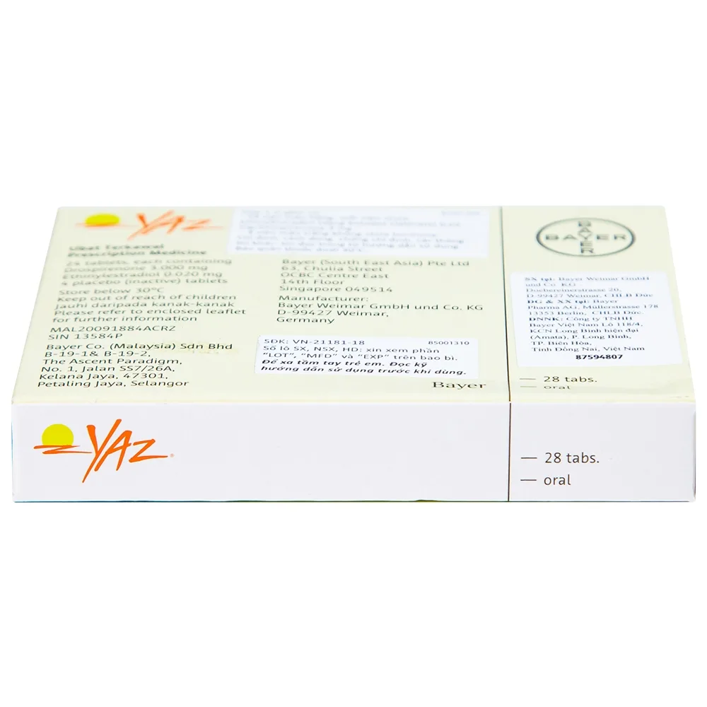 Hình ảnh Thuốc Yaz Bayer dùng tránh thai, điều trị mụn trứng cá (1 vỉ x 28 viên)