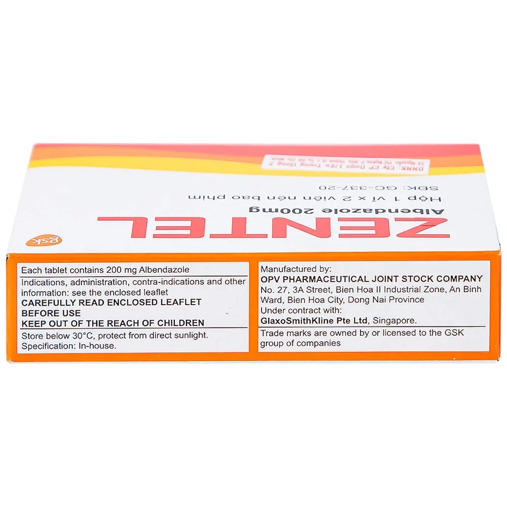 Hình ảnh Thuốc Zentel Albendazole 200mg GSK điều trị các loại giun đường ruột nhạy cảm (1 vỉ x 2 viên)