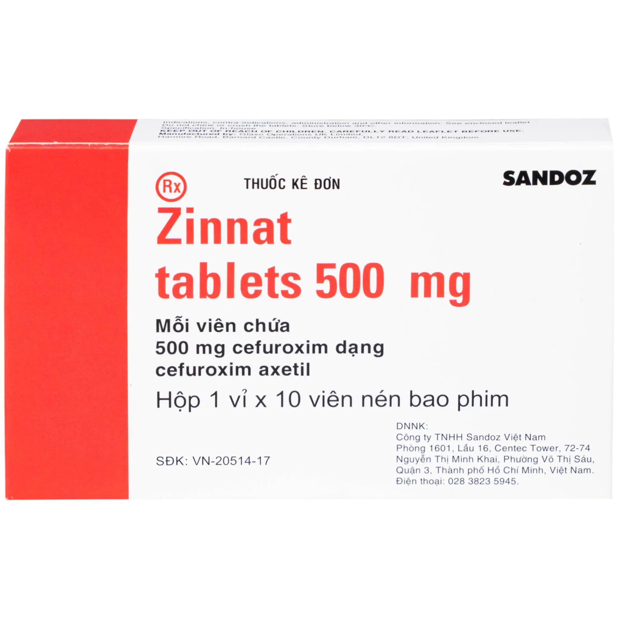 Hình ảnh Thuốc Zinnat tablets 500mg Sandoz điều trị những nhiễm khuẩn do vi khuẩn nhạy cảm gây ra (1 vỉ x 10 viên)