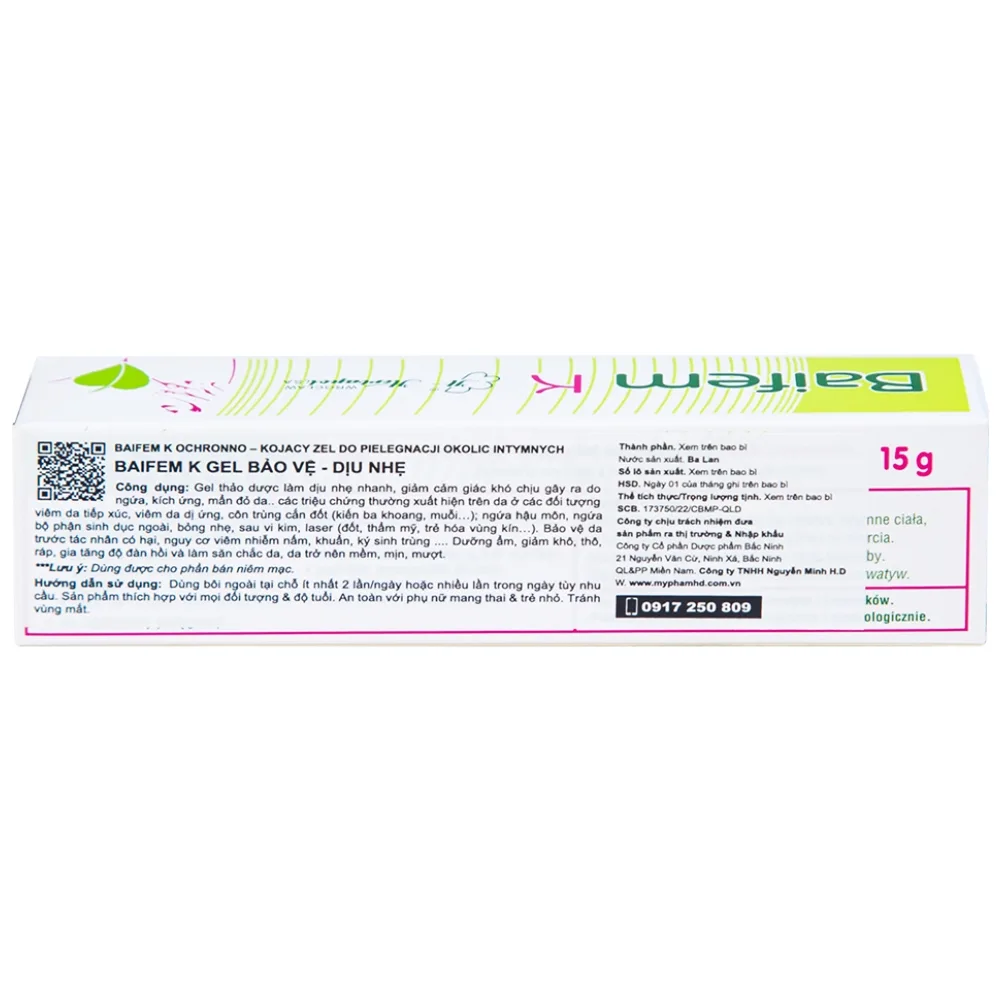 Hình ảnh Gel thảo dược Baifem K Herbapol làm dịu nhẹ, giảm cảm giác khó chịu do ngứa, kích ứng, mẩn đỏ da (15g)