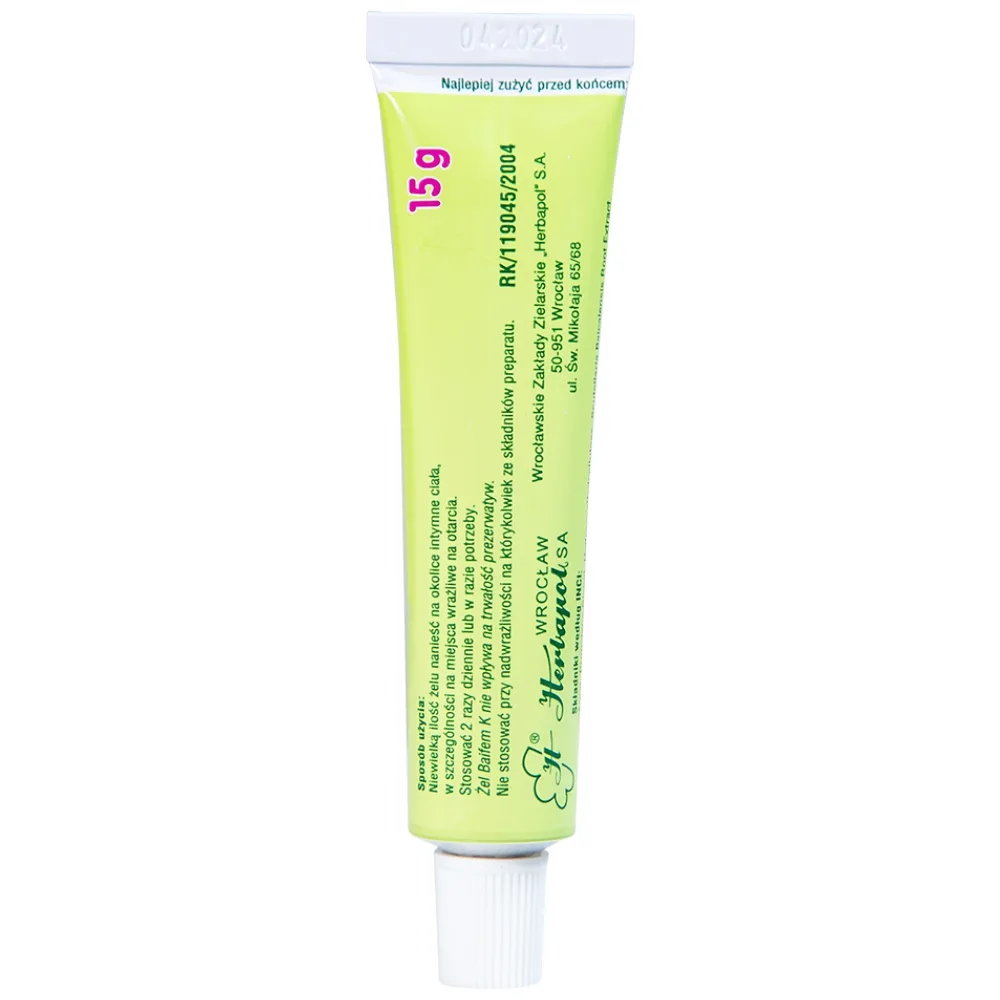 Hình ảnh Gel thảo dược Baifem K Herbapol làm dịu nhẹ, giảm cảm giác khó chịu do ngứa, kích ứng, mẩn đỏ da (15g)