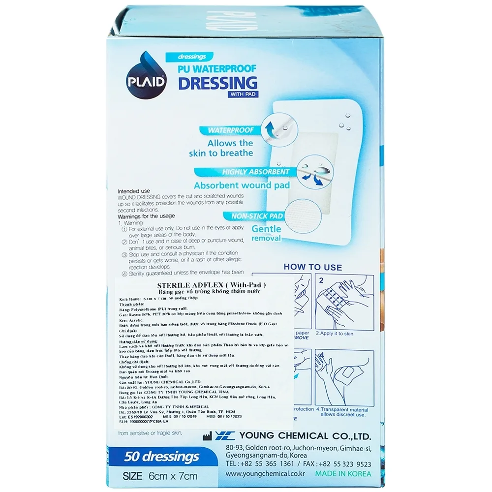 Hình ảnh Băng gạc vô trùng không thấm nước Sterile Adflex (With-Pad) 6cm x 7cm Young Chemical hỗ trợ bảo vệ vết thương (50 miếng)