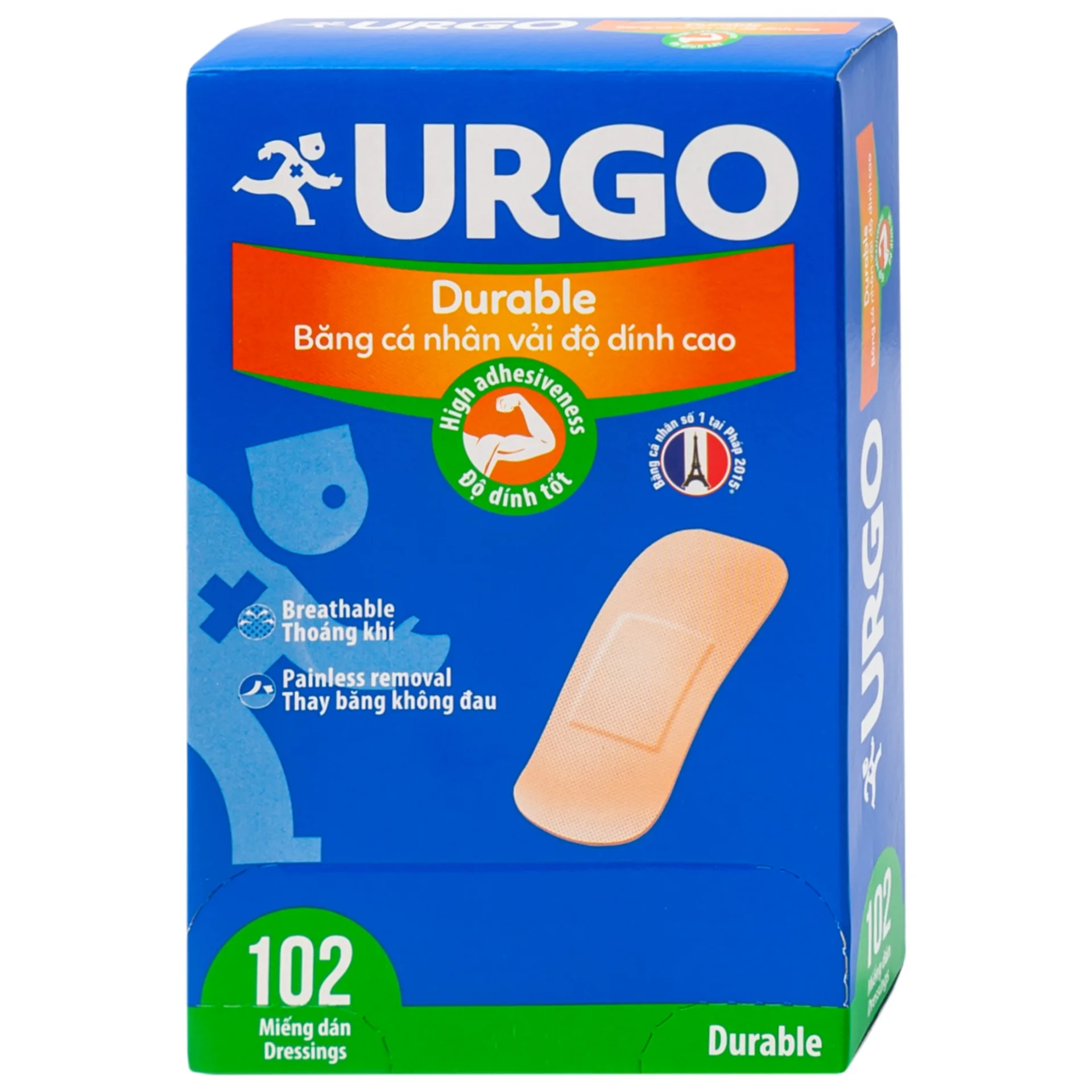 Hình ảnh Băng cá nhân vải độ dính cao Urgo Durable size 2cm x 6cm bảo vệ các vết thương nhỏ, vết trầy xước, rách da (102 miếng)