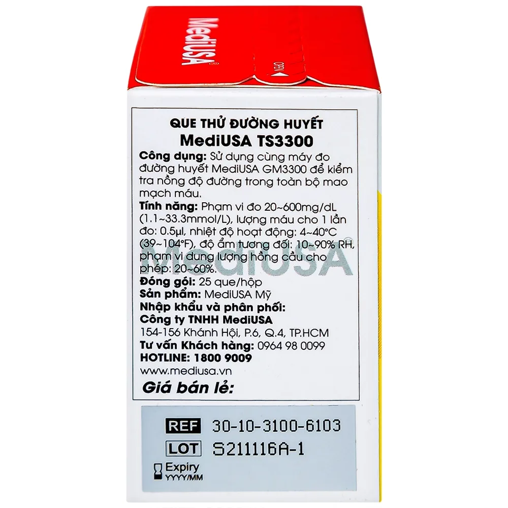 Hình ảnh Que thử đường huyết MediUSA TS3300 dùng cho máy đo đương huyết GM3300 kiểm tra nồng độ đường trong máu (25 cái)