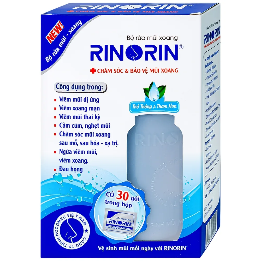 Hình ảnh Bộ rửa mũi xoang Rinorin giảm viêm mũi dị ứng, viêm xoang mạn, cảm cúm (1 bình + 30 gói)