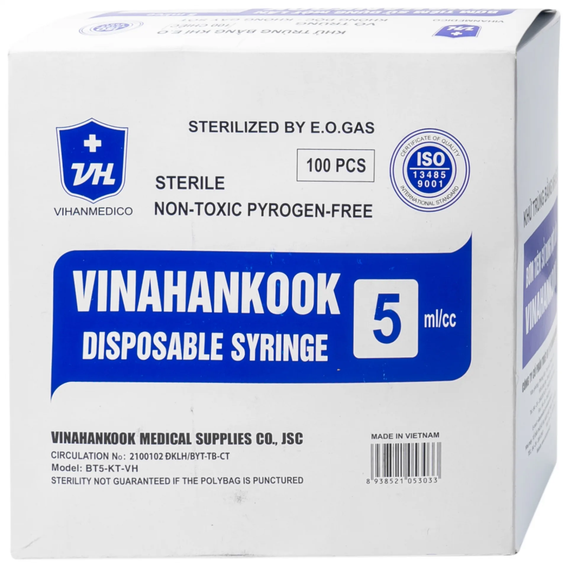 Hình ảnh Bơm tiêm sử dụng một lần Vinahankook 5ml/cc được khử trùng bằng khí E.O (100 cái)