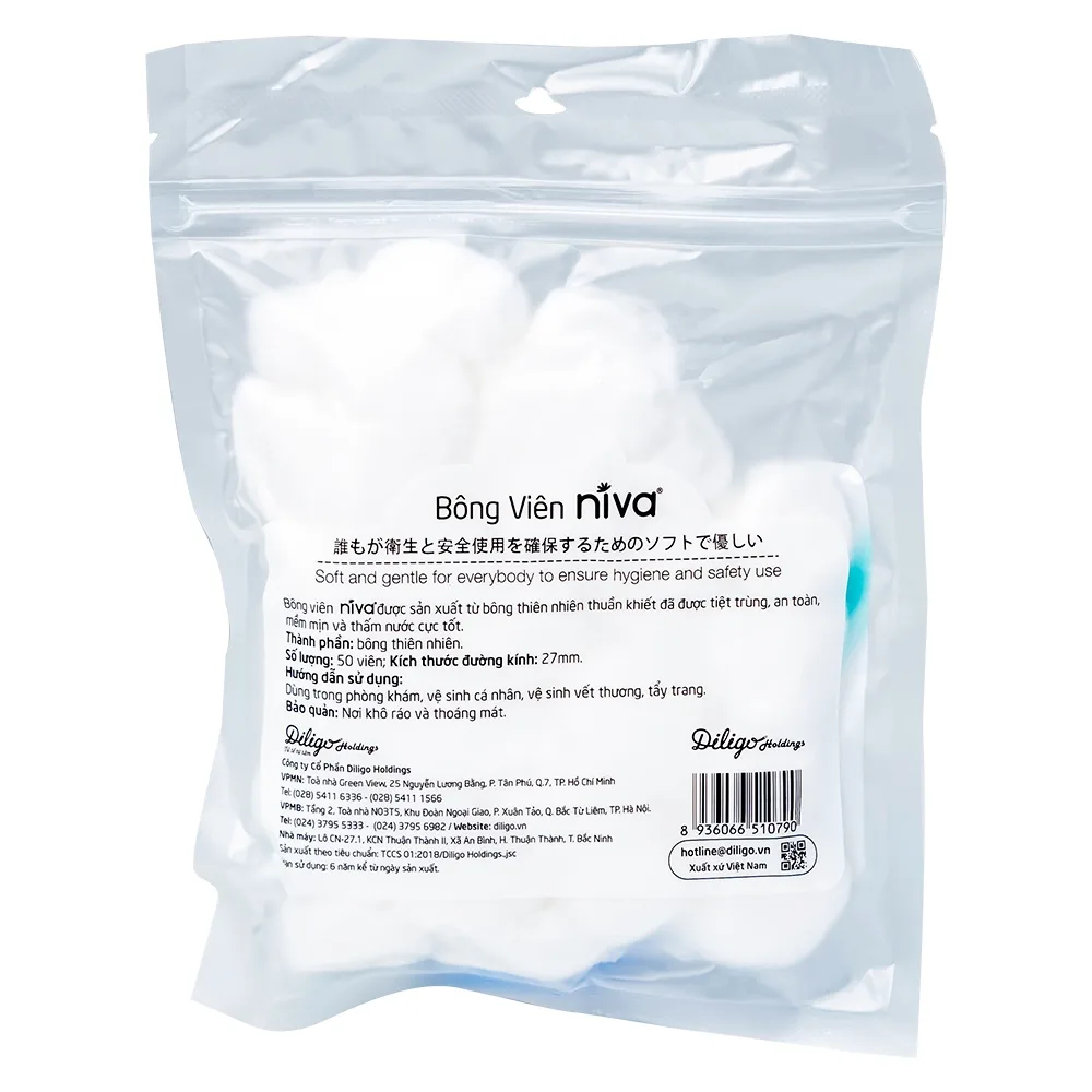 Hình ảnh Bông viên Niva Cotton Balls YB1 (50 viên) làm sạch vết thương, thấm máu và dịch tiết