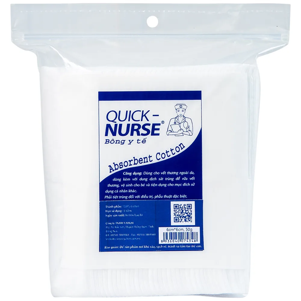 Hình ảnh Bông y tế Quick Nurse 6cm x 6cm (50g) dùng cho vết thương ngoài da, sát trùng, vệ sinh cho bé
