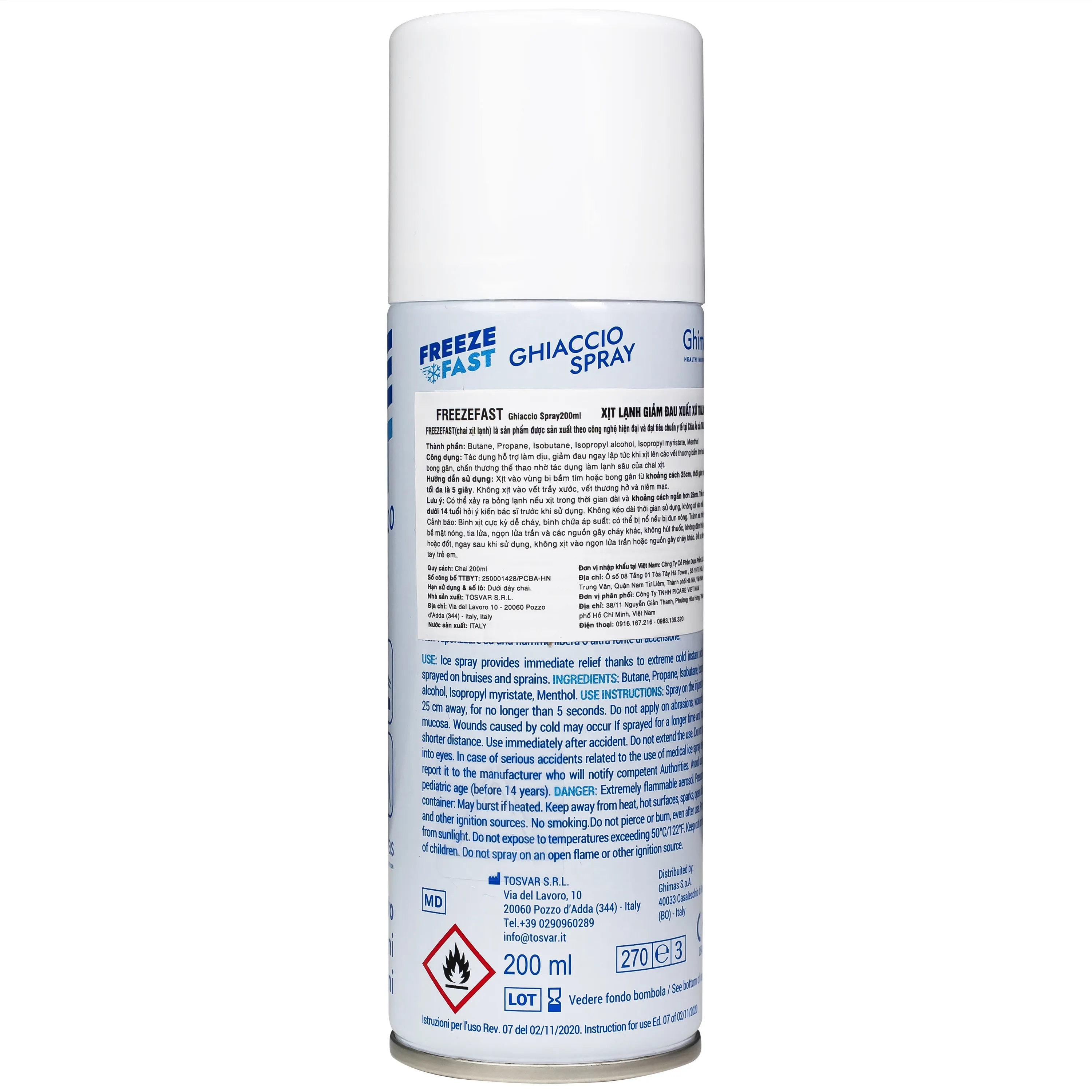 Hình ảnh Chai xịt lạnh giảm đau Freezefast Ghiaccio Spray 200ml phù hợp cho bầm tím, bong gân, chấn thương thể thao