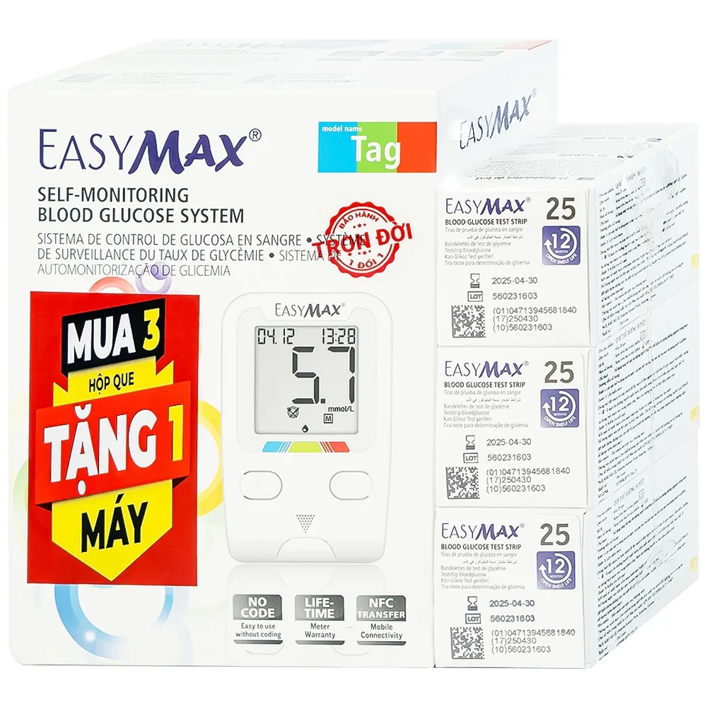 Hình ảnh Combo 3 hộp que thử đường huyết Easy Max (25 que - Tặng máy do đường huyết Easy Max Tag)