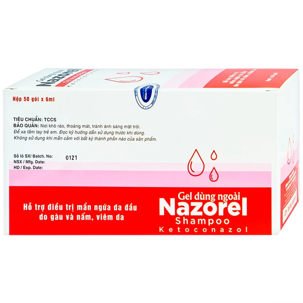 Hình ảnh Gel dùng ngoài Nazorel Shampoo Ketoconazol hỗ trợ điều trị mẩn ngứa da đầu do gàu và nấm, viêm da (50 gói x 6ml)